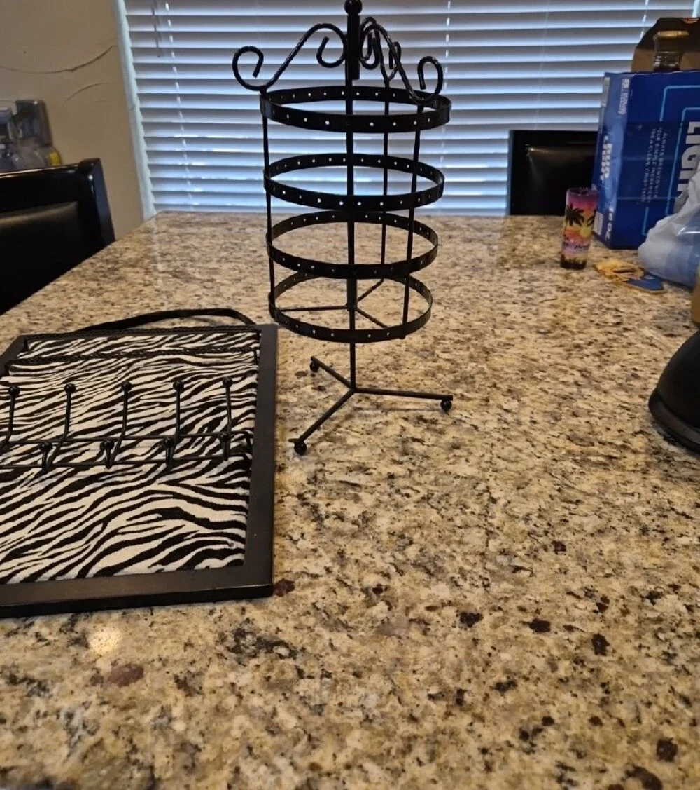 Zebra Print Wall Jewelry Organizer and Black Metal Earring Stand - Pair